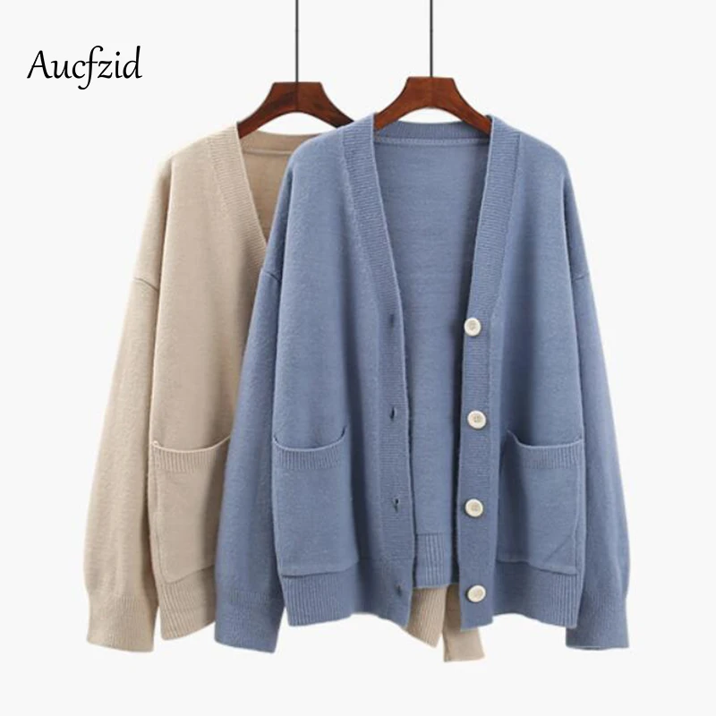 Aucfzid Autumn Cardigan Sweater Women Slim Casual Knitted Winter Pocket Long Sleeve Oversize Coat A234 |