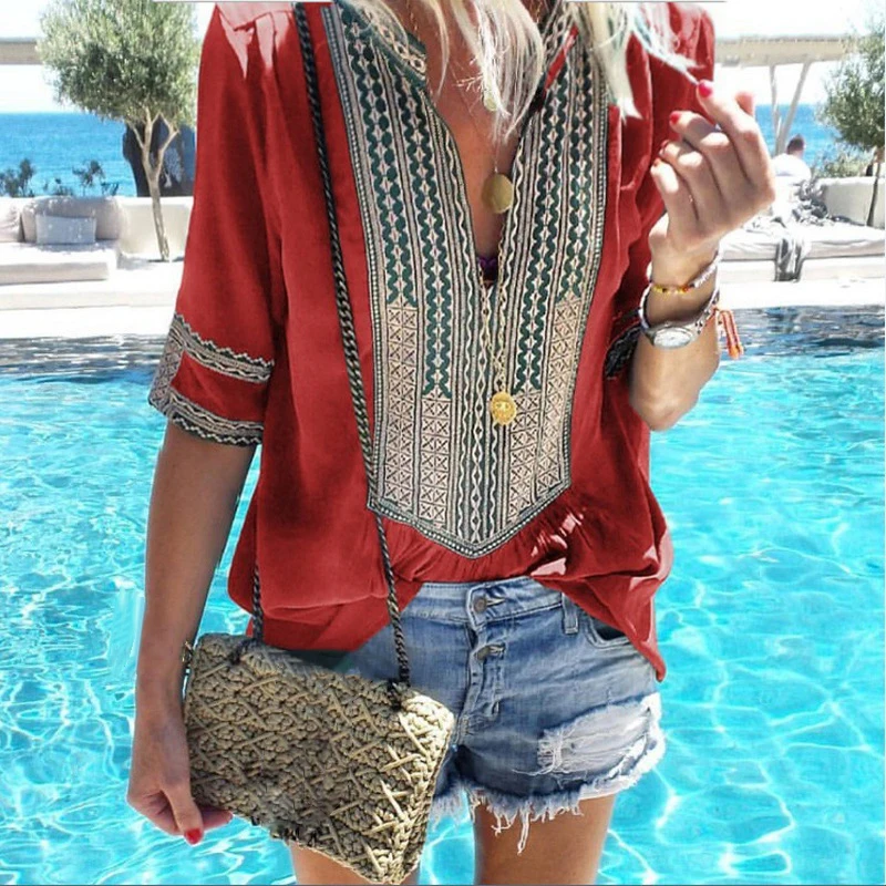 Женские топы летние винтажные Ретро с v-образным вырезом принтом Популярные Boho