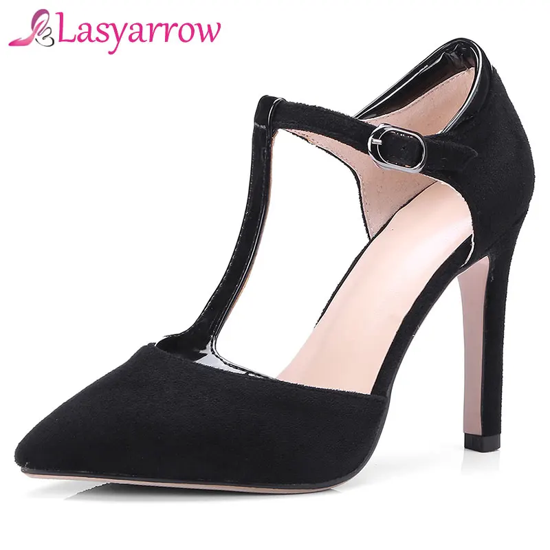 Женские туфли лодочки Lasyarrow с острым носком на высоком каблуке Т образной пряжкой