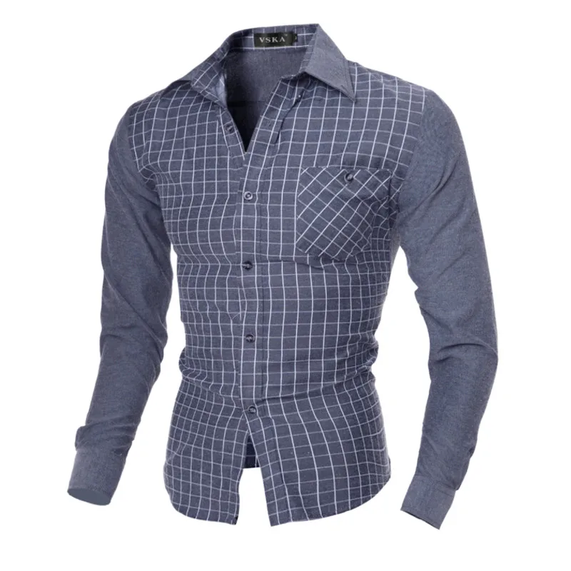 Men's new hot fashion the perfect grid splicing long-sleeved shirt personality cultivate one's morality leisure business | Мужская