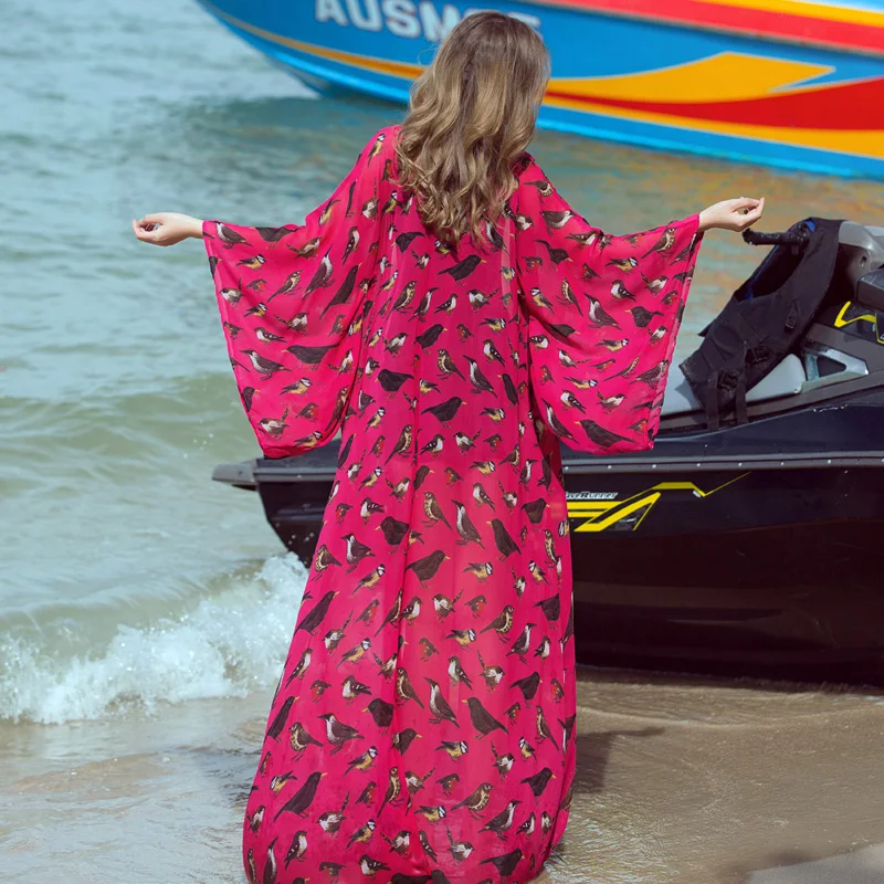 Женский шифоновый кардиган с принтом птиц Свободное длинное пляжное платье лето