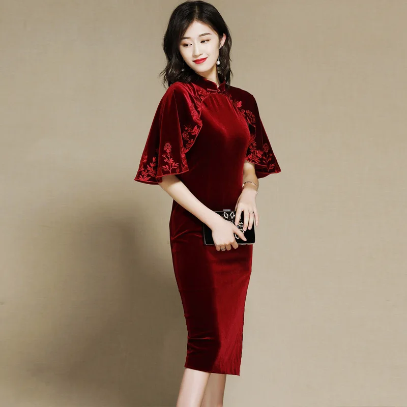 

Velvet Dress 2019 Autumn Fashion Pencil Dresses Cape Sleeve Dress Midi Elegant Vintage Robe Femme Banquet Vestidos AA4571