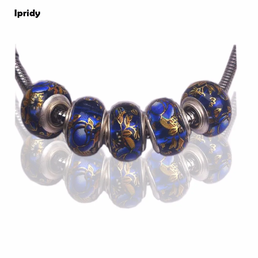 20 шт./лот 14 мм синие розы Европейские Бусины с серебряным латунным сердечником