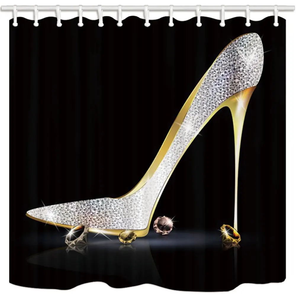 

Fashion Lady High Heel with Diamonds Polyester Fabric Bath Curtains Silver Grey Yellow