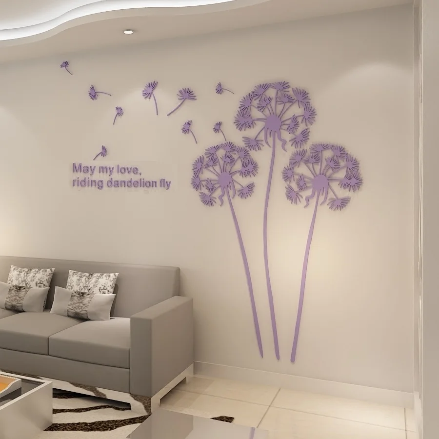 Light Purple RIGHT Горячая Распродажа, 3D Наклейка на стену с одуванчиком, акриловая наклейка с крицалевым зеркалом для гостиной, спальни, кухни, домашний декор, 2,3x2,1 м, наклейка - Цвет: Light Purple RIGHT