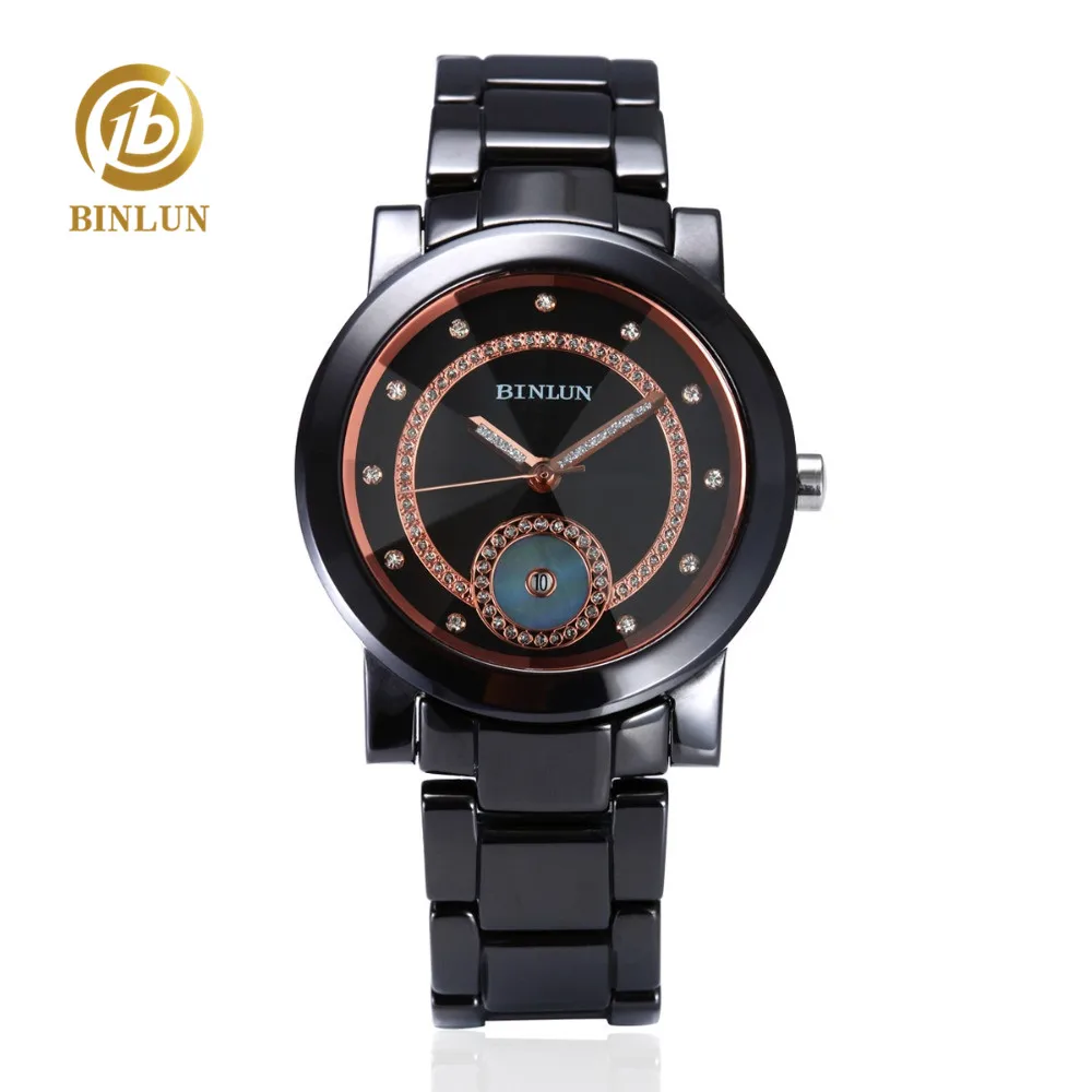 BINLUN мужские черные золотые керамические кварцевые часы Роскошные розовое золото