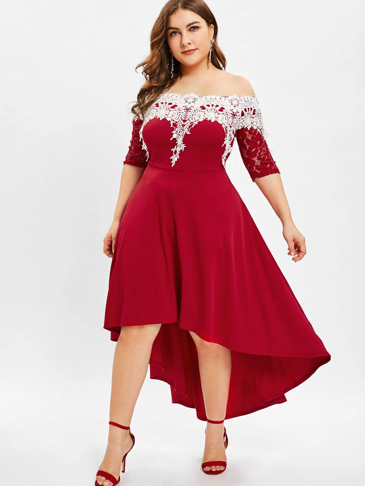 ROSEGAL Lace Panel Plus Size High Low Dress Women Dresses Fashion Spring Summer Half Sleeves Patchwork Dress Vestidos Big Size