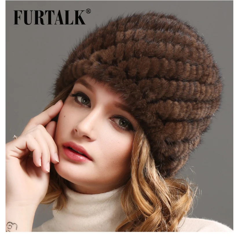 Женская меховая шапка FURTALK мягкая бини из натурального меха норки вязаная в
