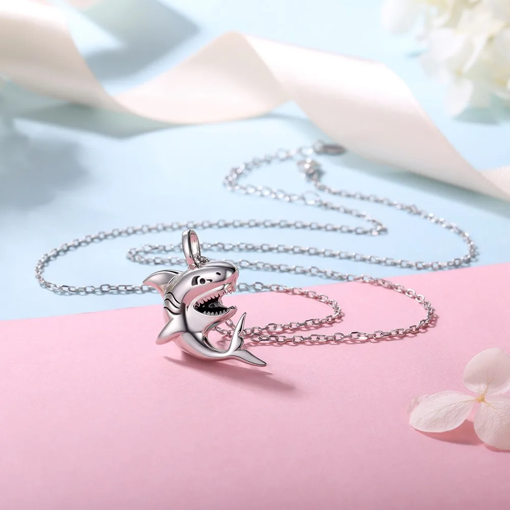U7 925 Sterling Silver Shark Necklace Sea Animal Pendant & Chain Men Women Fine Jewelry Gift  Wholesale