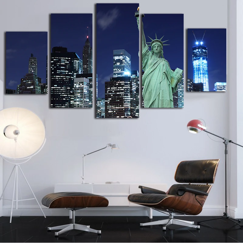 Холст фотографии Wall Art Печать плакатов 5 шт. Нью-Йорк Статуя Свободы фон с