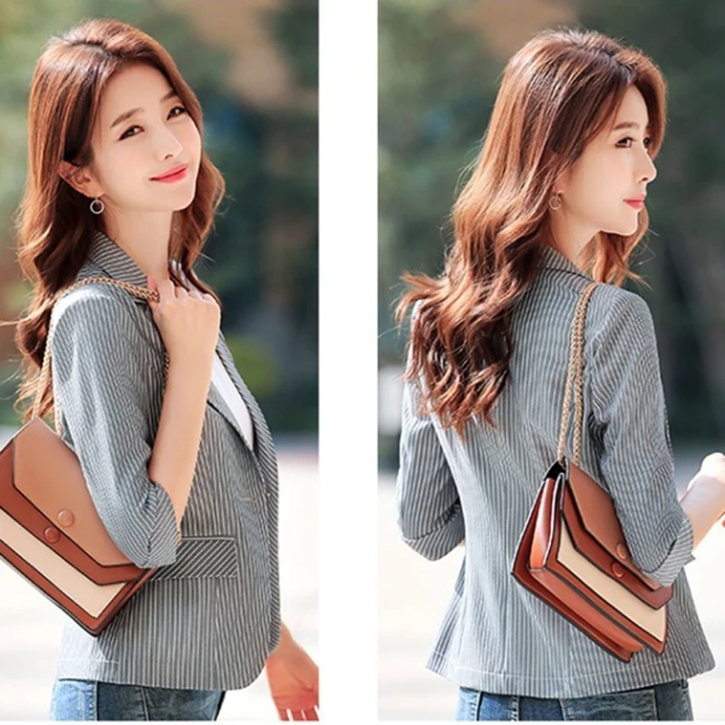 Женский пиджак маленький в Вертикальную Полоску весна-осень 2019 корейский стиль с