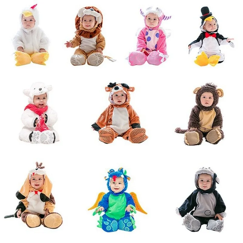 

New Hot High Quality Halloween Cute Baby Jumpsuit Christmas Animal Kids Cartoon Custom Cosplay Costume with hat & Foot sets
