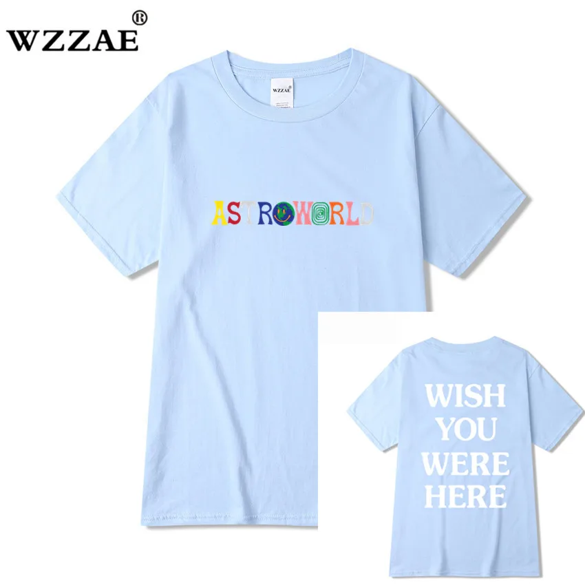 Light Blue Трэвиса Скотта AstroWorld Tour футболка для мужчин и женщин 1:1 Трэвиса Скотта футболки Топы Футболки Уличная Хип-хоп kanye ASTROWORLD футболка - Цвет: Light Blue