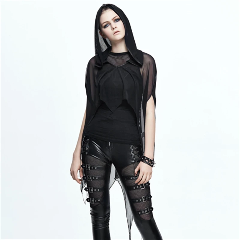 Женская футболка с капюшоном и круглым вырезом в стиле панк|top t-shirt|gothic t-shirtt-shirt short