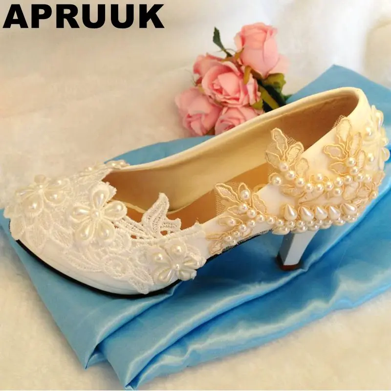 

HIgh heeled platforms round toes white wedding shoes woman champagne lace ivory pearls sweet brides bridal pumps shoes