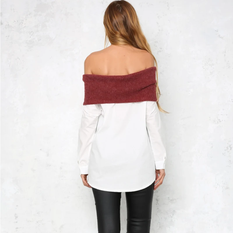 KissU 2017 С Плеча Женщины Блузка Белый Свободные Slash Шеи Свитер Сращивание Дамы