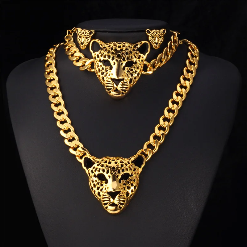 Ожерелье и браслет с головой леопарда Комплект сережек для женщин Винтажные
