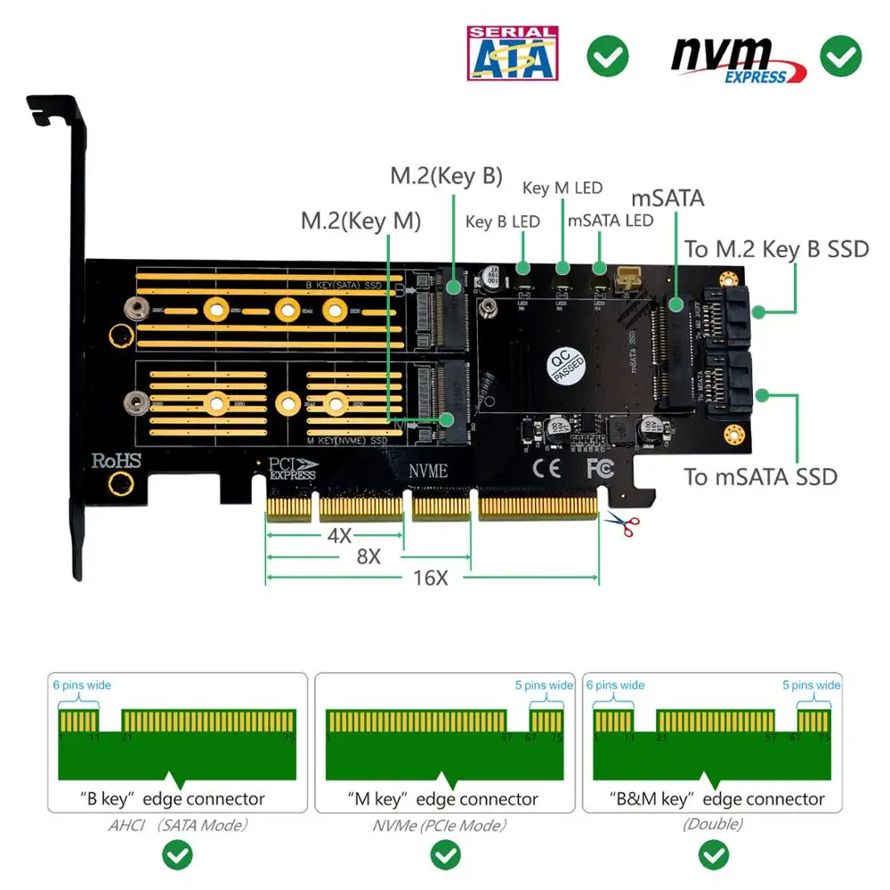 M.2 NVMe SSD NGFF mSATA к PCI E X4/X8/X16 Raiser M Key B Ключ 3in1 Express Riser Card PCIE SATA адаптер|Платы расширения|
