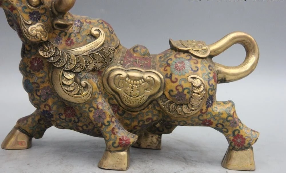 Китай Бронза Медь cloisonne эмаль Lucky wealth Ruyi OX Oxen Bull toro статуя | Дом и сад