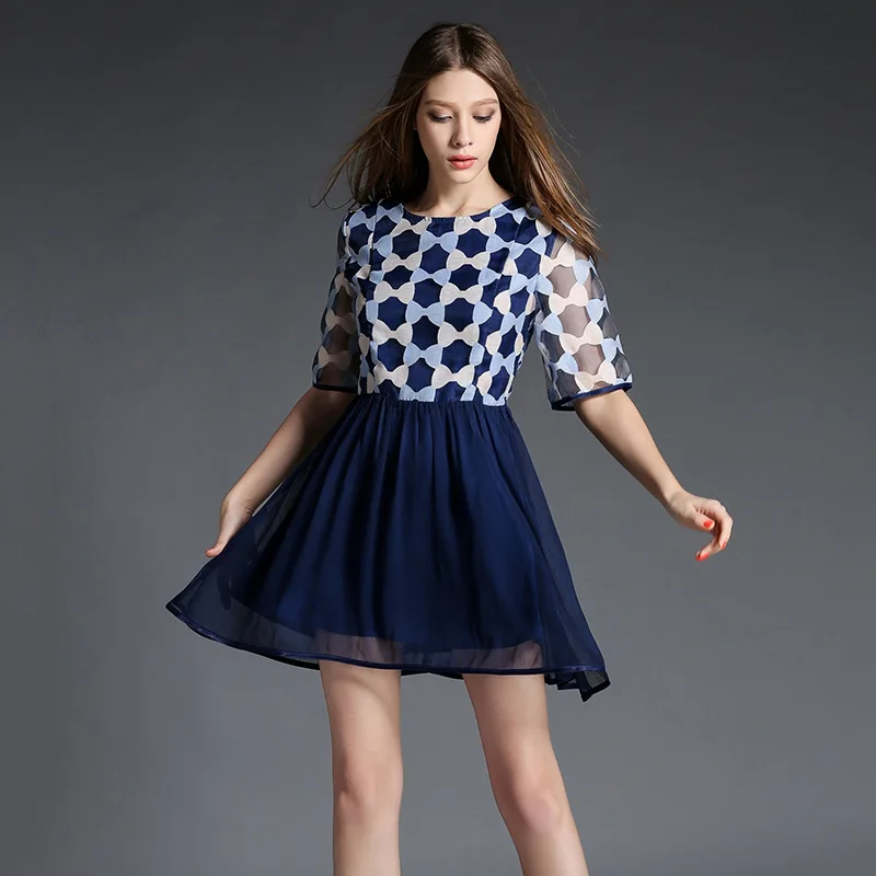 Платье шифон лето тёмно-синий узор в горошек платья одежда женщины свободного