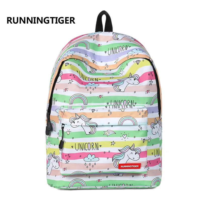 

RUNNINGTIGER новые милые Мультяшные школьные сумки с единорогом для девочек-подростков, холстяные женские рюкзаки, школьные рюкзаки