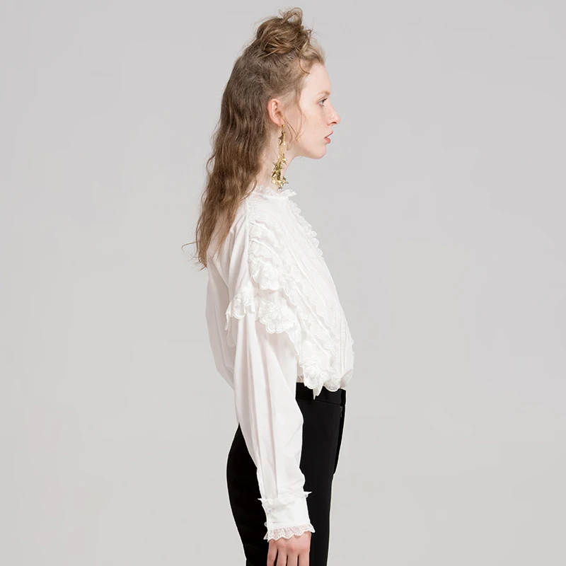 YIGELILA 2019 Latest Autumn Women Fashion Office Lady Casual All-match O-neck Full Sleeve White Lace Shirt 7544 |