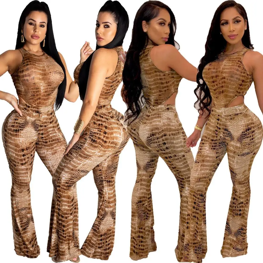

Crocodile Striped Print Pants Two Piece Sets Sleeveless Hollow Out Bodysuits+Pants Romper Casual Summer Club Outfits Overalls