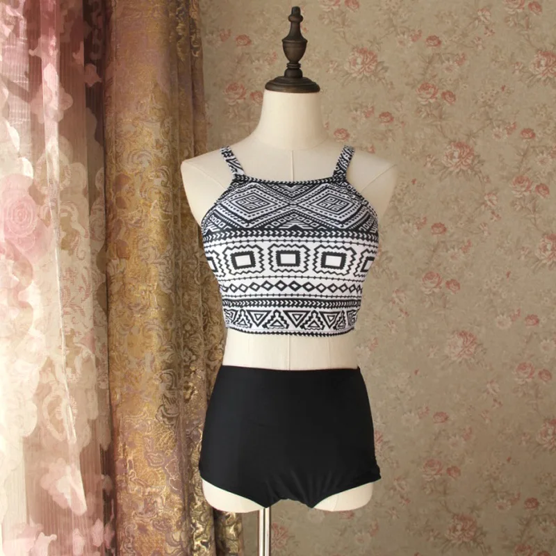 Женские бикини с геометрическим рисунком и высокой талией шортами укороченное