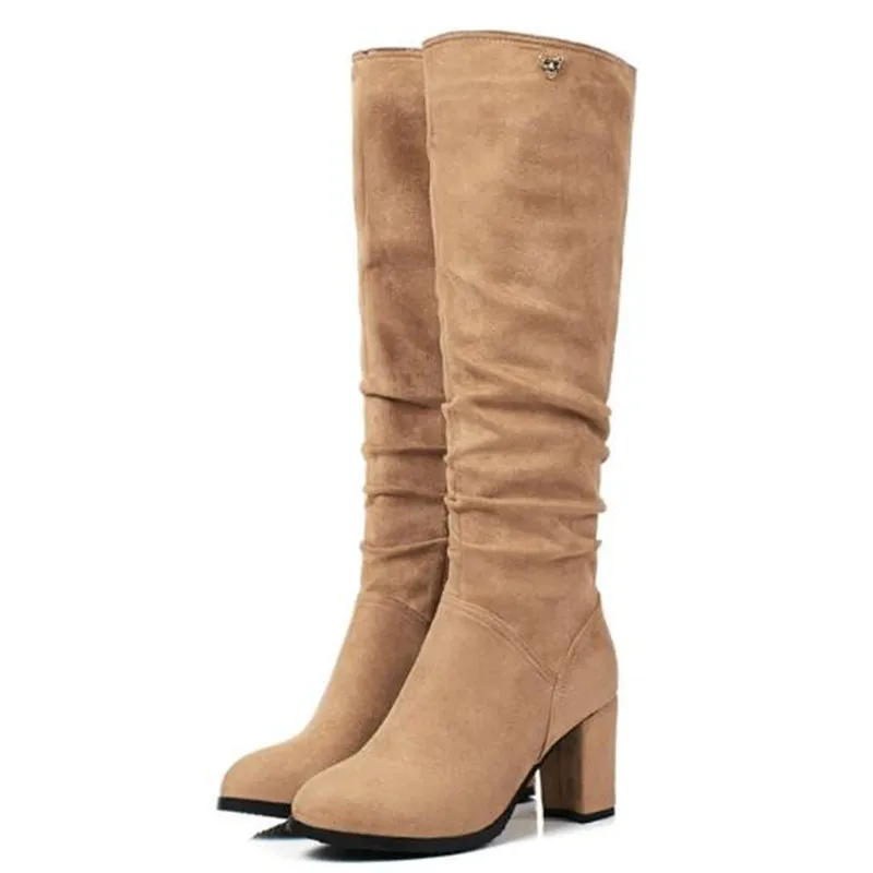 Women Boots Autumn and winter New style fashion Suede Round head Coarse heel knee length High Boots plus size 34-43