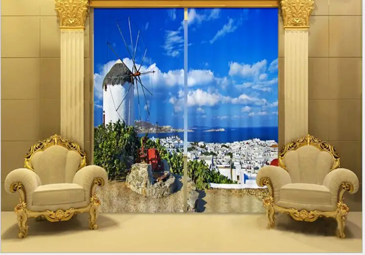 

thermal bedroom Curtains Luxury Blackout Living Room Seaside town pattern 3D Window Cortina Drapes Rideaux Customized pillowcase