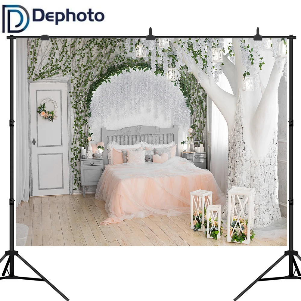 DePhoto свадебный фон для фотосъемки цветы Boudoir кровать дерево комната фотобудка