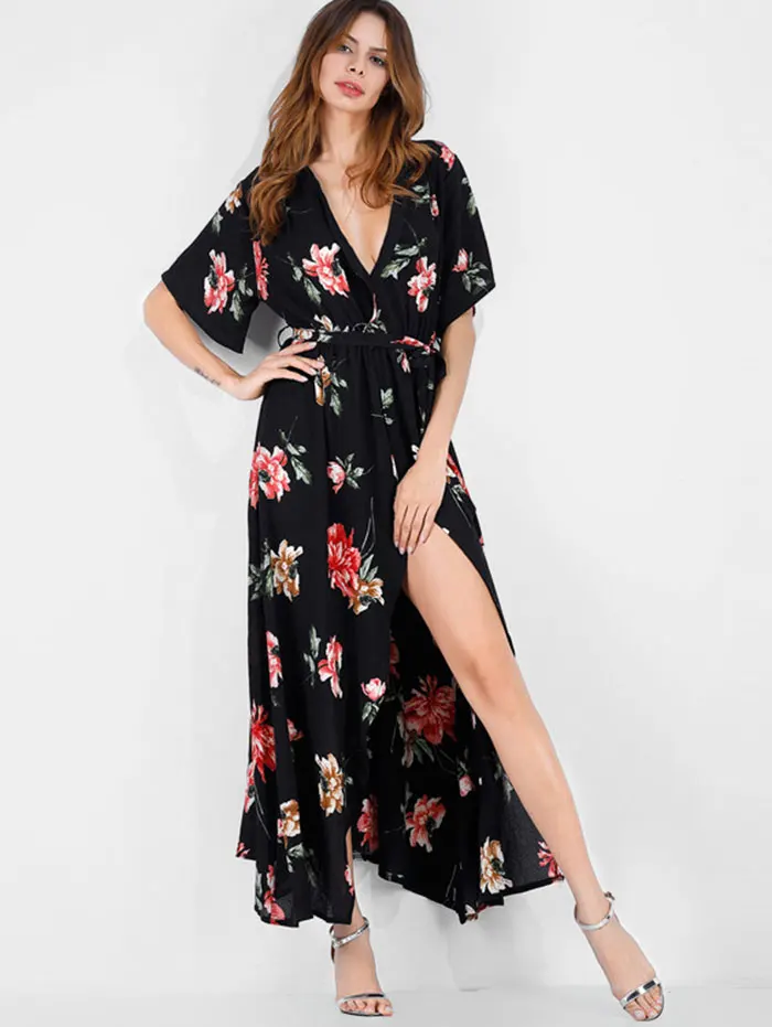 Женское платье макси ZAFUL длинное с цветочным принтом и поясом элегантное