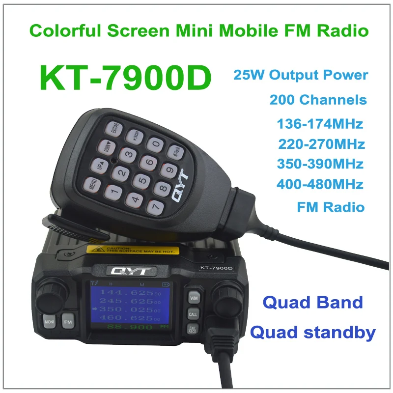 QYT KT-7900D Quad Band 136-174/220-270/350-390/400-480MHz 25W 200 Channels Colorful Screen mini mobile FM Radio Transceiver