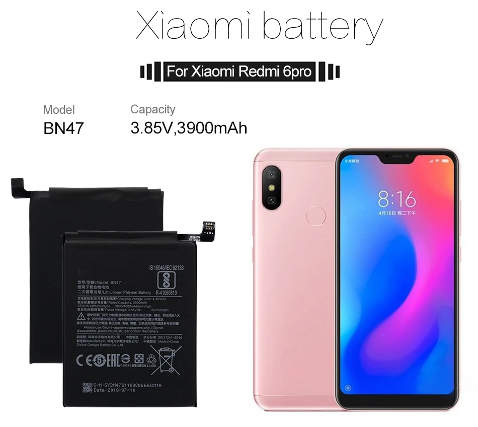 QrxPower BN47 Сменный аккумулятор для Xiao mi Red mi 6 Pro/mi A2 Lite 3900 мАч литий-ионный аккумулятор для телефона+ инструмент