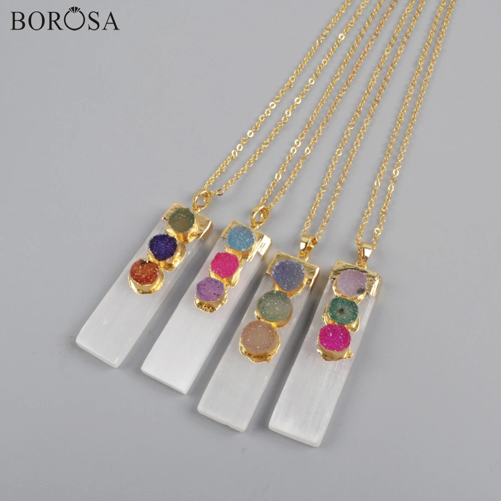 

BOROSA 5Pcs High Quality 26" Rectangle Gold Plating Selenite Stone & Round Rainbow Agates Druzy Pendant Necklace Jewelry G1854