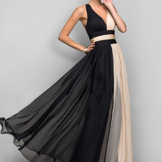 

Sexy Deep V-Neck Backless Cross Sleeveless Chiffon Maxi Dress For Evening Party Contrast Color Slim Vestido Robe Dress Chiffon