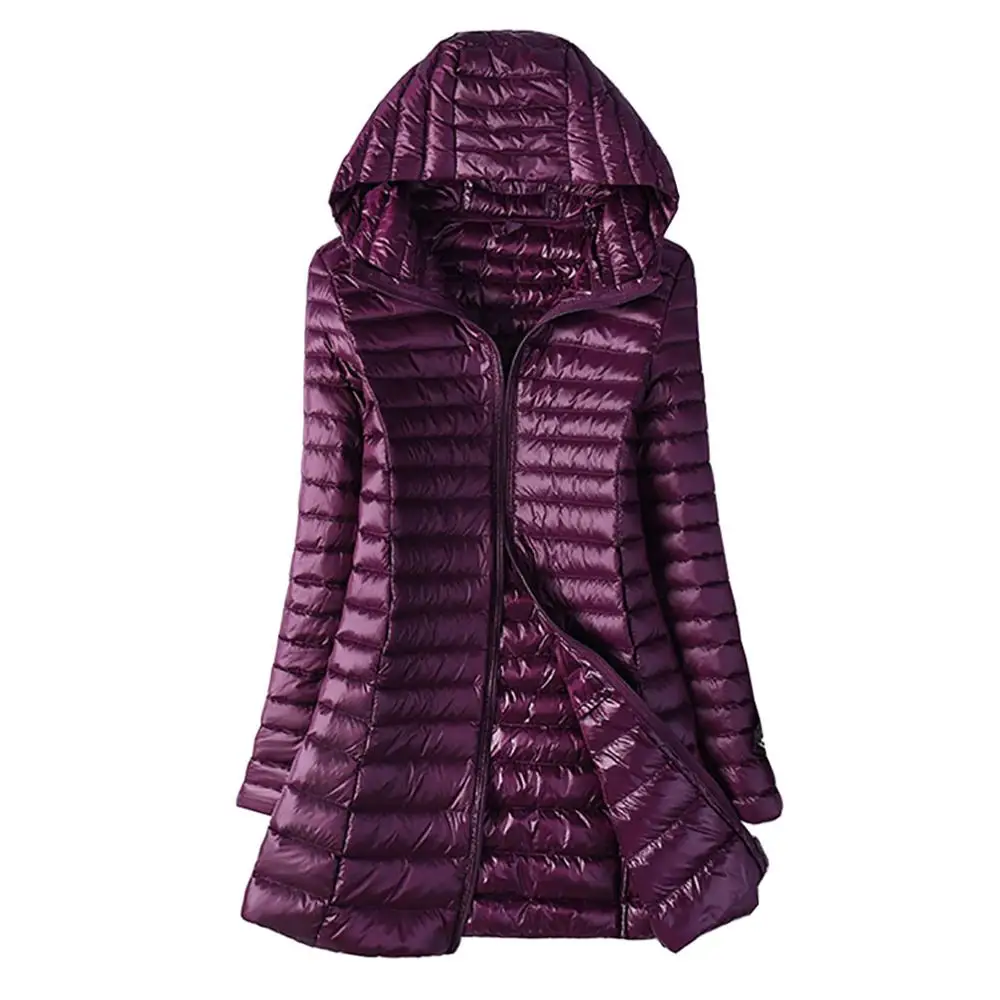 Purple Весна осень Женская длинная куртка пальто Высокое качество парка простая стеганая ветрозащитная теплая белая куртка на утином пуху размера плюс - Цвет: Purple
