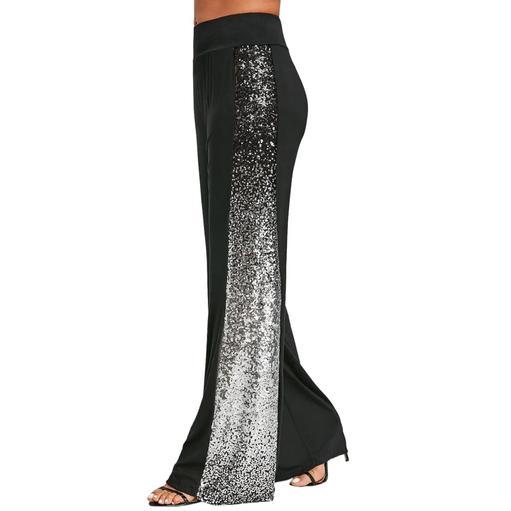 Женские брюки с высокой талией черные облегающие блестками и градиентом