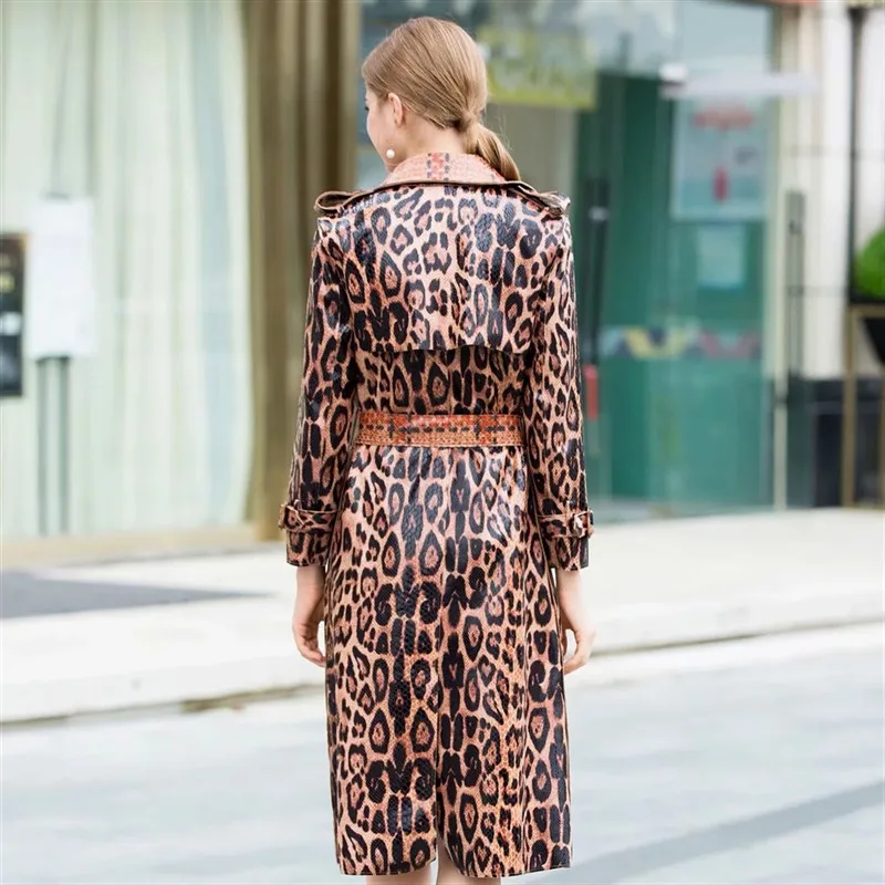 2019 Autumn New PU Leather Trench coat women Fashion leopard belt long womens Casual loose England Style Outerwear | Женская одежда