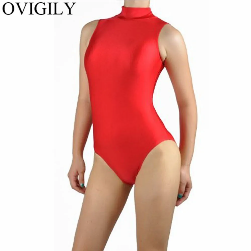 Red Ovigily Для женщин розовый купальник для занятий гимнастикой для девочек из спандекса с высоким, плотно облегающим шею воротником, без рукавов, Купальник для танцев, балета сценические костюмы черные топы - Цвет: Red