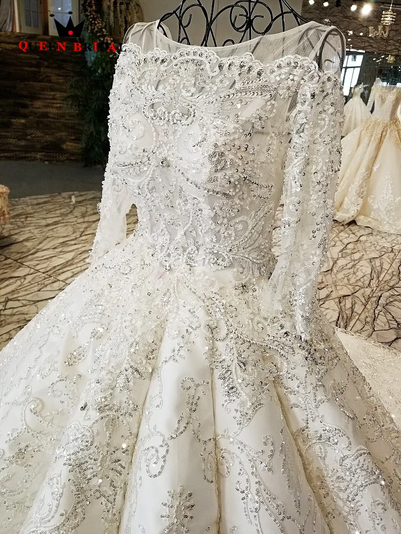 New 2021 robe de mariee Ball Gown Full Sleeves Beaded Crystal vestido de noiva QUEEN BRIDAL Long Train Wedding Dresses WD105