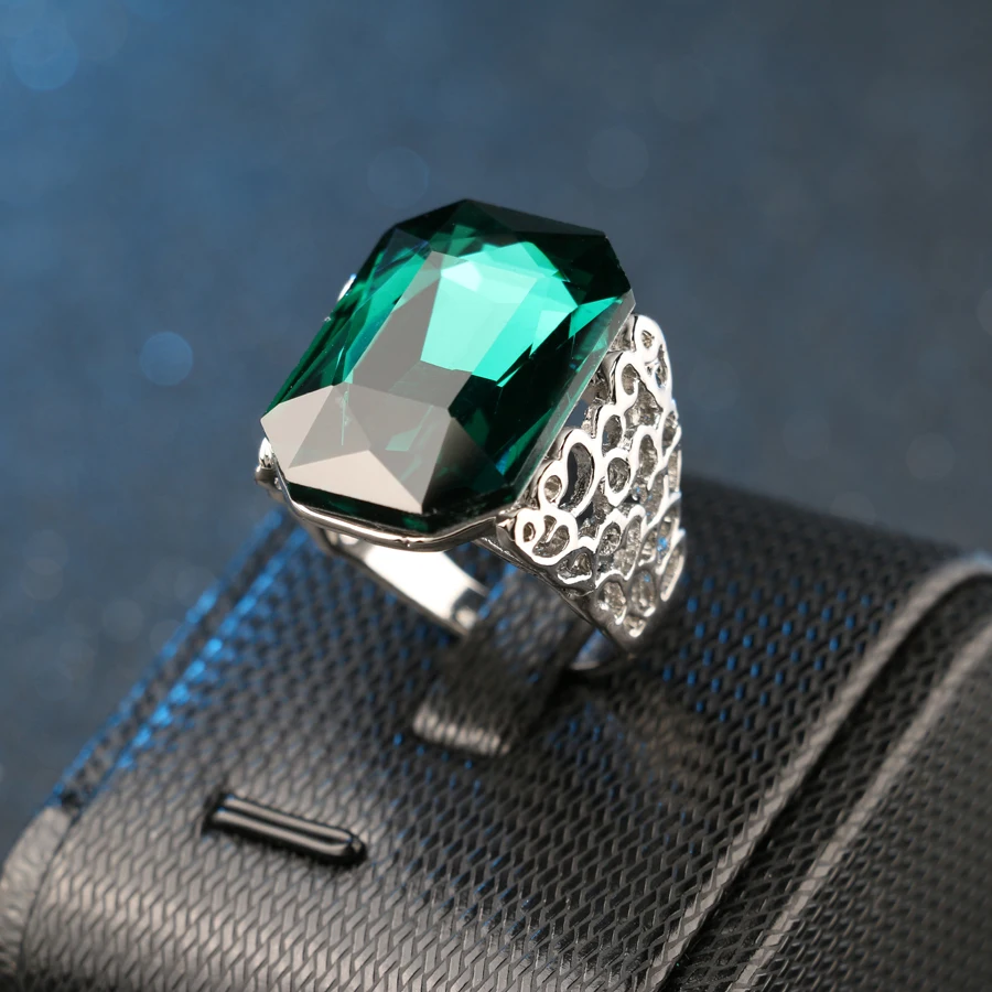 Женские большие кольца из зеленого стекла уникальные обручальные серебряного