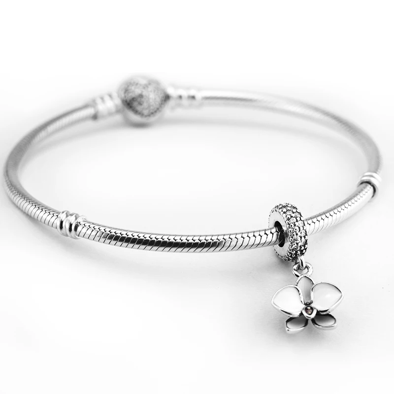Подходит для Pandora Браслеты Подвески в виде орхидеи с белой эмалью 100% 925 пробы