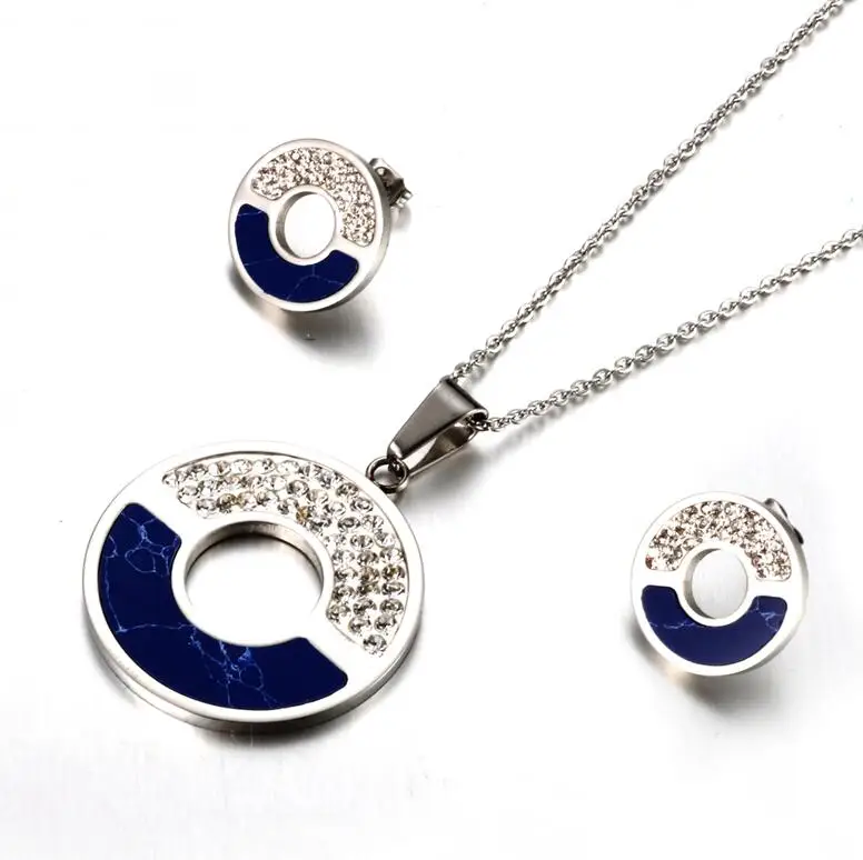 navy blue and silver Золотой цвет из нержавеющей стали круглый CZ камень кулон ожерелье серьги Ювелирные наборы Стразы бусины синий камень для женщин ювелирные изделия - Окраска металла: navy blue and silver