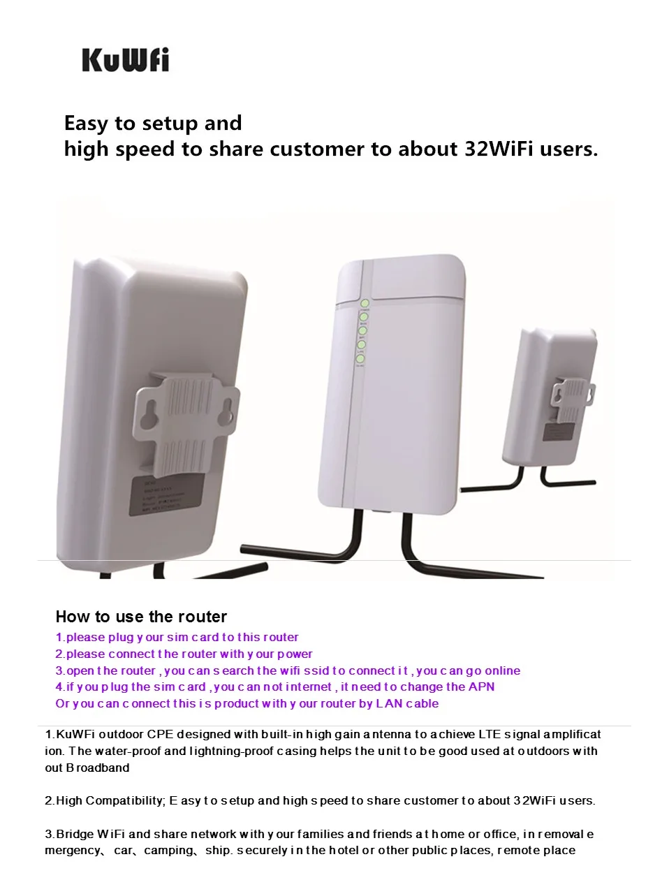 KuWFi Открытый 4G LTE CPE маршрутизатор CAT4 150 Мбит/с Открытый водонепроницаемый беспроводной роутер CPE для дома/офиса Поддержка 32 Wi-Fi пользователей