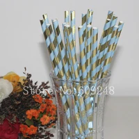 100pcs light blue and metallic gold foil striped paper strawsboy birthday party baby showervintage drinking cocktail colored