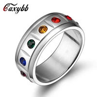 caxybb brand classic rainbow ring womens rings colored rhinestones studded finger ring for men titanium steel