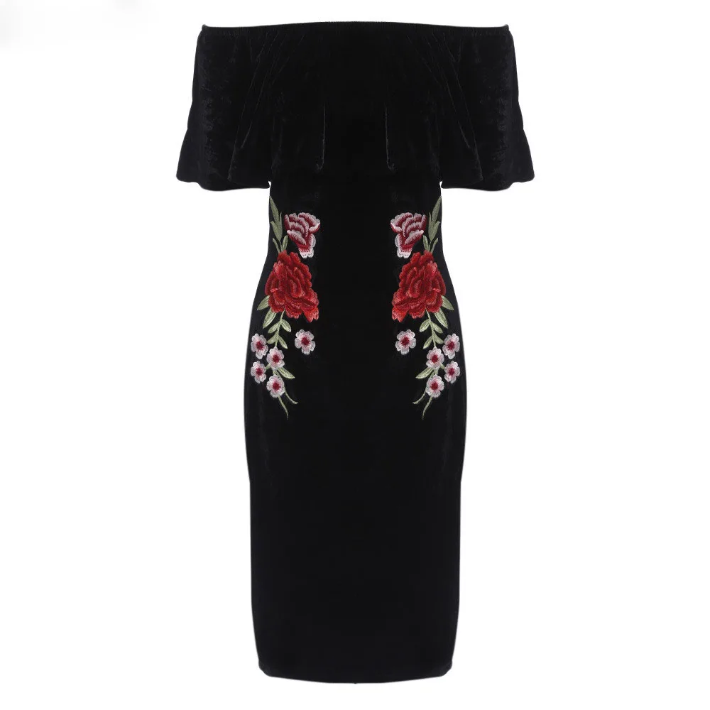 Bodycon Dress Sexy Slash Шеи С Плеча Черный Бархат Цветочные Вышивка Тонкий Партия Стретч