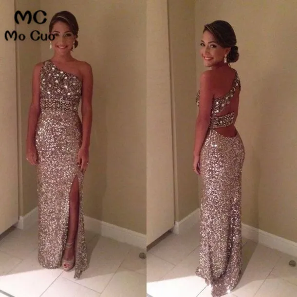 Продвижение вечернее платье с низким вырезом на спине платье на одно плечо с боковой Разделение, украшенное стразами и кристаллами, с Пол Длина ярко-розовый Формальное длинное платье для выпускного вечера - Цвет: as pic