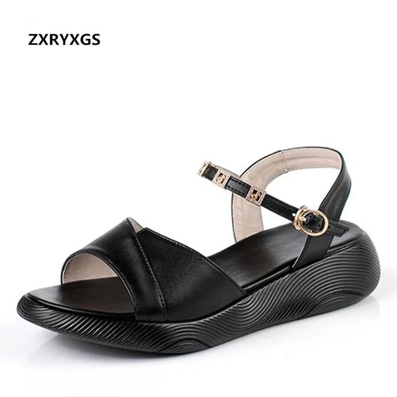

New Open Toe Summer Leather Sandals Comfortable Flat with Wedges Women Casual Sandals Solid Color Cowhide Wild Fashion Sandals